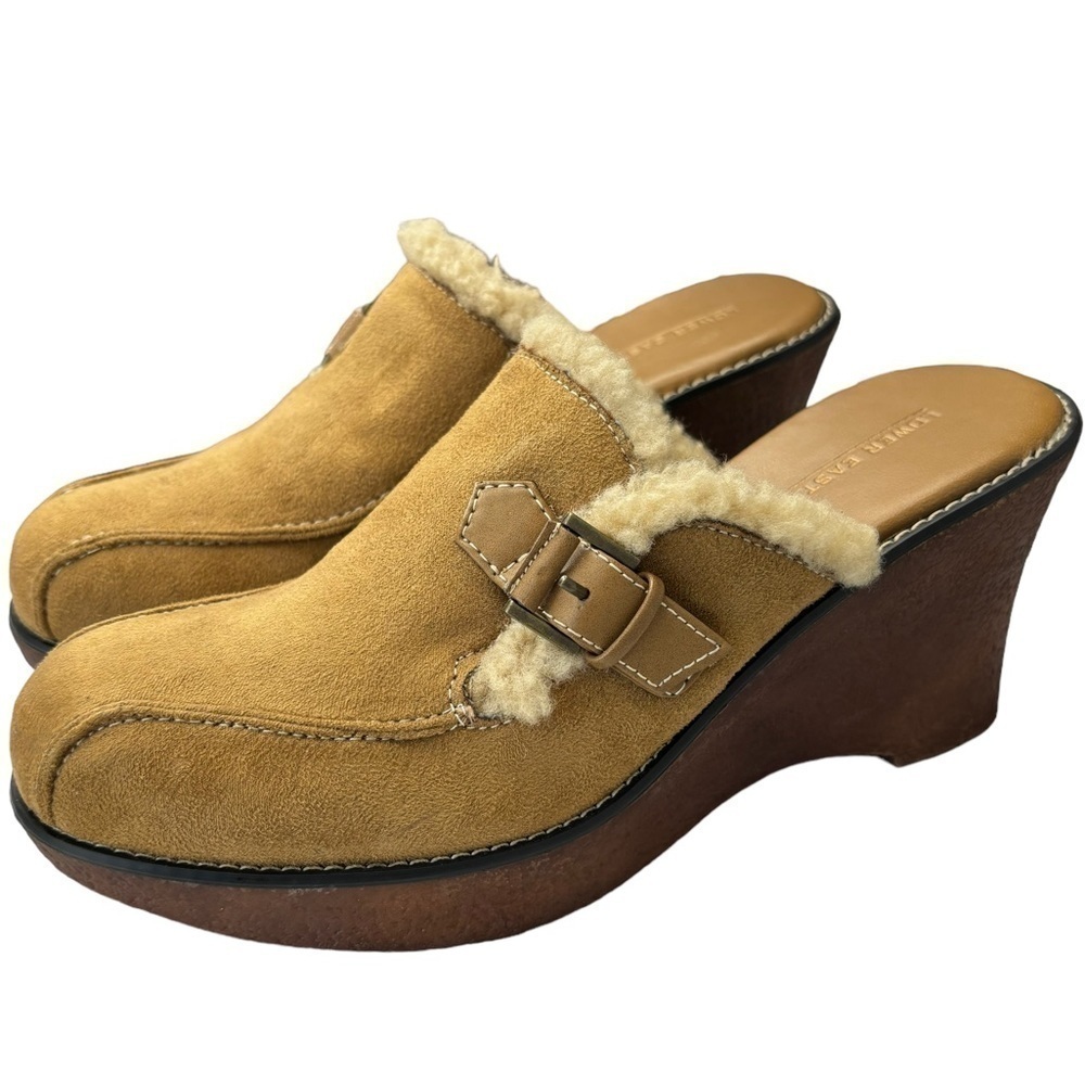 Lower East Side VTG  Mules Size 9.5 Clogs Tan Suede & Sherpa Gummies Wedge Heel